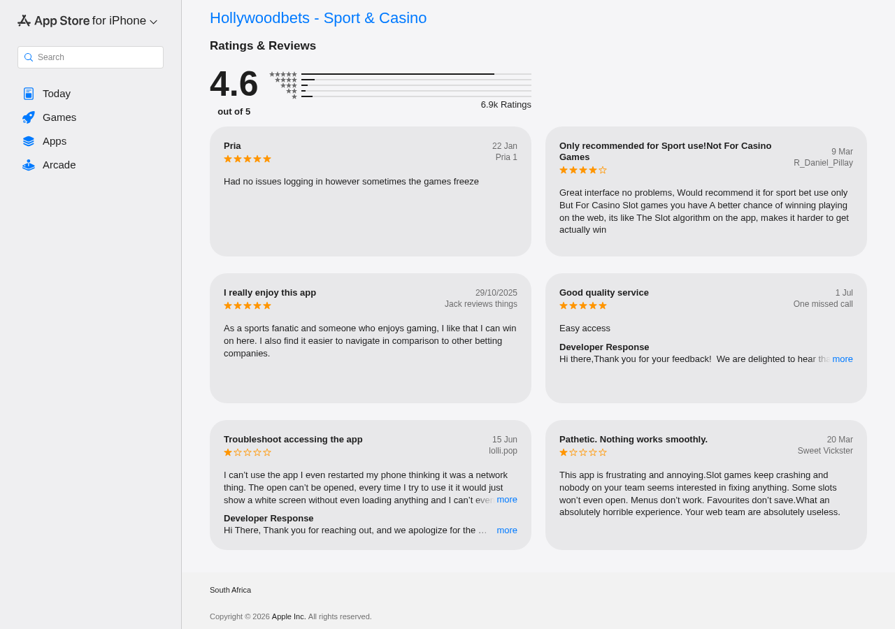 Apple App Store South Africa Hollywoodbets review listing captured 11 August 2026