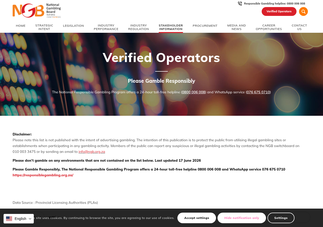 National Gambling Board verified operators source captured 11 August 2026