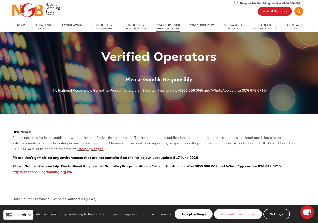 National Gambling Board verified-operator evidence capture for YesPlay