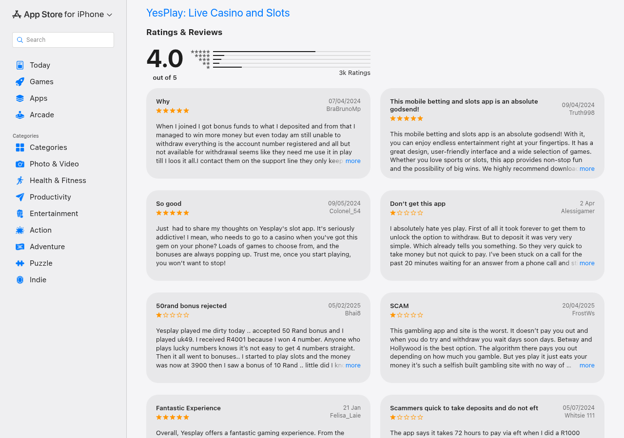 YesPlay South African App Store user-signal capture